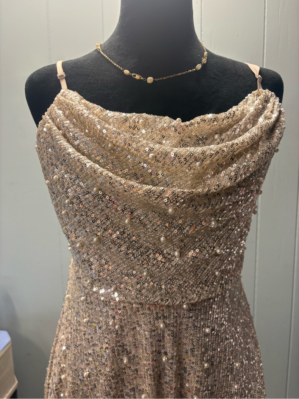 City Vibe Beaded Cowl Neck Evening Dress in Champagne